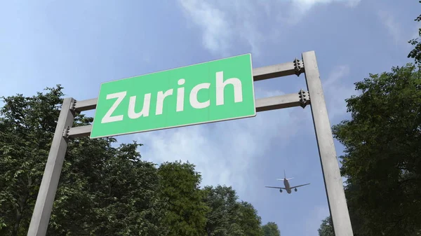 Το αεροπλάνο πετάει πάνω από το μονοπάτι της Ζυρίχης, στην Ελβετία. απόδοση 3D — Φωτογραφία Αρχείου