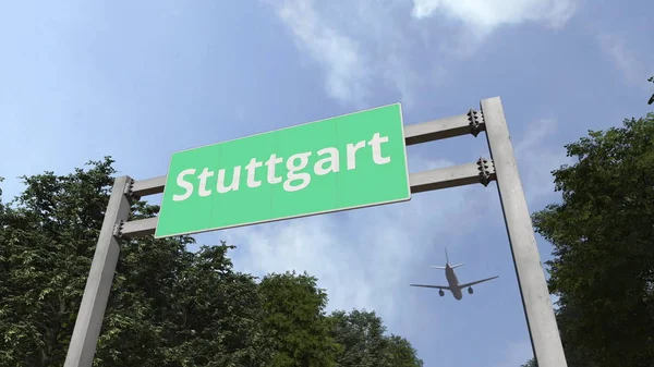 Авиалайнер прибывает в Штутгарт, Германия. 3D рендеринг — стоковое фото
