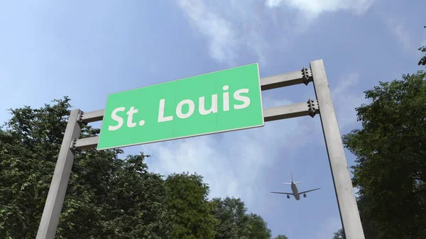 Avión vuela por encima de la señal de tráfico de San Luis, Estados Unidos. Renderizado 3D —  Fotos de Stock