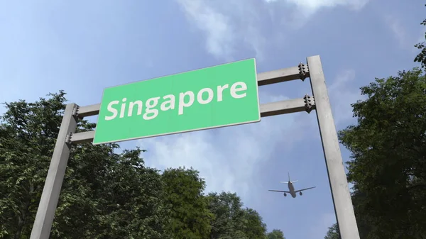 Pesawat komersial tiba di Singapura, Singapura. Perender 3D — Stok Foto