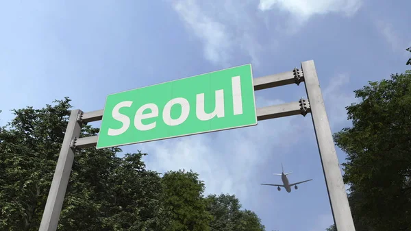 飞机抵达韩国首尔市。3d 渲染 — 图库照片