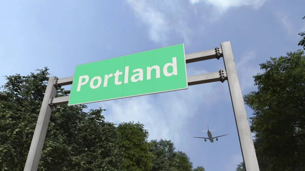 Avião chega à cidade de Portland, Estados Unidos. Renderização 3D — Fotografia de Stock