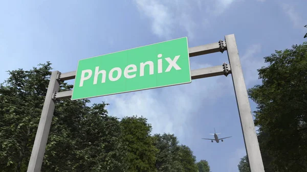 Avión llega a la ciudad de Phoenix, Estados Unidos. Renderizado 3D —  Fotos de Stock