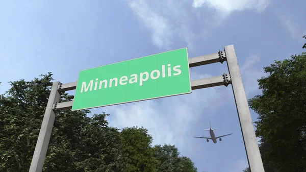 El avión vuela a Minneapolis. Viajar a Estados Unidos renderizado 3D conceptual — Foto de Stock