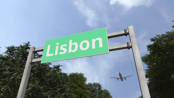 Avión vuela por encima de la señal de tráfico de Lisboa, Portugal. Renderizado 3D —  Fotos de Stock