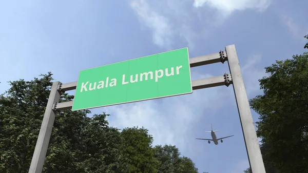 Самолет прибывает в город Куала-Лумпур, Малайзия. 3D рендеринг — стоковое фото
