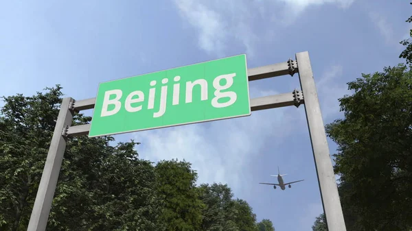 Flugzeug fliegt über Straßenschild von Peking, China. 3D-Darstellung — Stockfoto