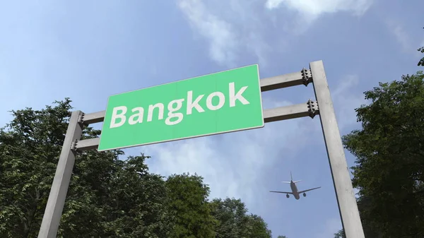 Авиалайнер летит в Бангкок. Путешествие в Таиланд концептуальный 3D-рендеринг — стоковое фото