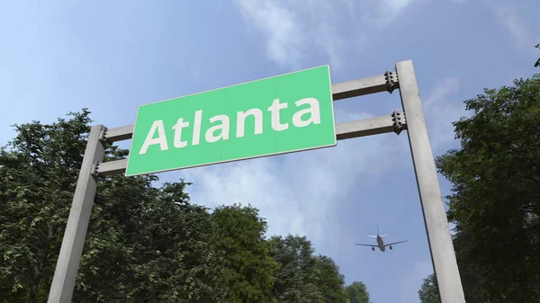 L'aereo vola sopra il cartello stradale di Atlanta, Stati Uniti. Rendering 3D — Foto Stock