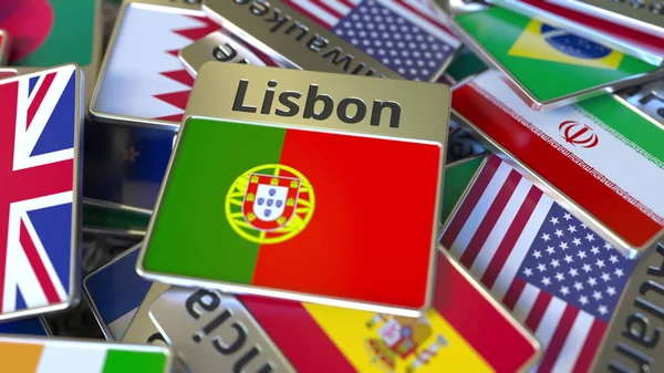 Pamiątkowe magnes lub odznaka z Lizbony tekstu i flagi narodowej wśród różnych z nich. Podróżowanie do Portugalii koncepcyjne renderowanie 3D — Zdjęcie stockowe