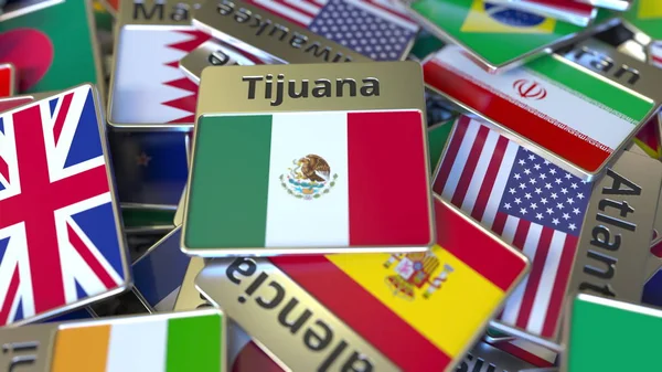 Souvenir magneet of badge met Tijuana tekst en nationale vlag onder verschillende. Reizen naar Mexico conceptuele 3D-rendering — Stockfoto