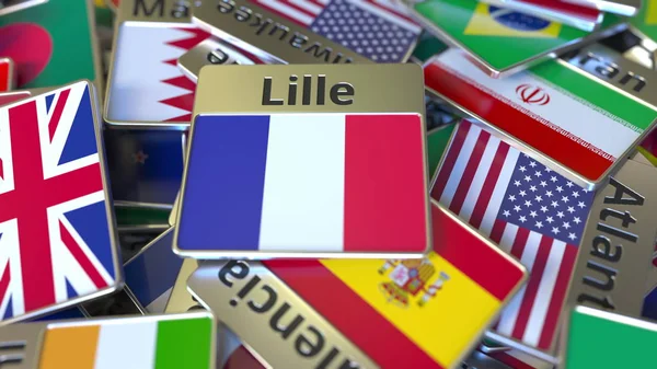 Ímã de lembrança ou crachá com texto em Lille e bandeira nacional entre diferentes. Viajar para a França renderização 3D conceitual — Fotografia de Stock