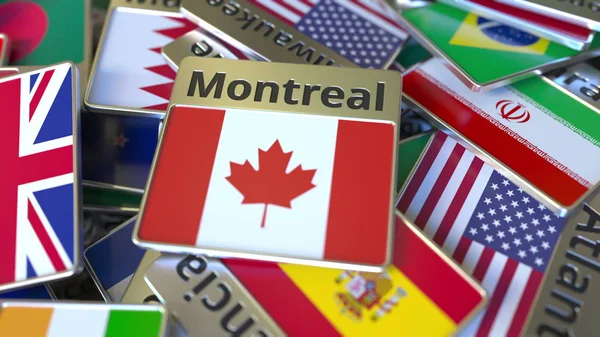 Imán de recuerdo o insignia con texto de Montreal y bandera nacional entre diferentes. Viajar a Canadá renderizado 3D conceptual — Foto de Stock