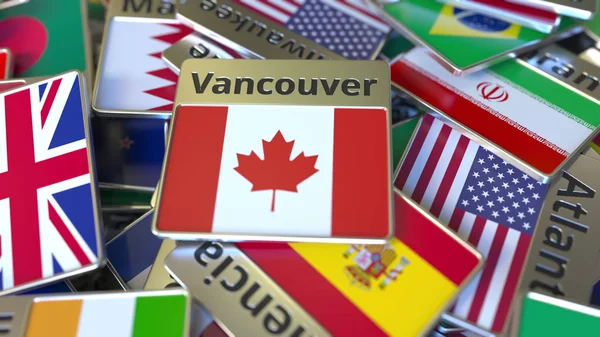 Souvenir-Magnet oder Abzeichen mit Vancouver-Text und Nationalflagge zwischen verschiedenen. Reisen nach Kanada konzeptionelles 3D-Rendering — Stockfoto