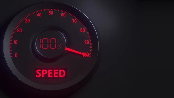 Medidor ou indicador de velocidade vermelho e preto, renderização 3D — Fotografia de Stock