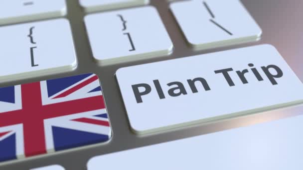 PLANO TRIP texto e bandeira da Grã-Bretanha no teclado do computador, animação 3D viagens relacionadas — Vídeo de Stock