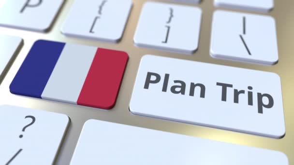 PLAN TRIP texto y bandera de Francia en el teclado de la computadora, animación 3D relacionada con los viajes — Vídeos de Stock