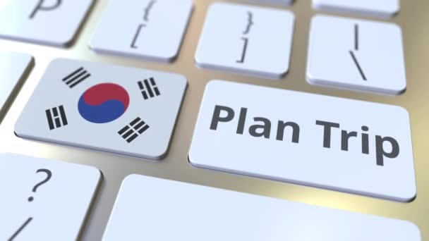 PLAN TRIP texto y bandera de Corea del Sur en el teclado de la computadora, animación 3D relacionada con los viajes — Vídeo de stock