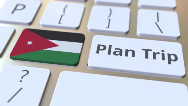 Reisetext und jordanische Flagge auf der Computertastatur planen, reisebezogene 3D-Animation — Stockvideo