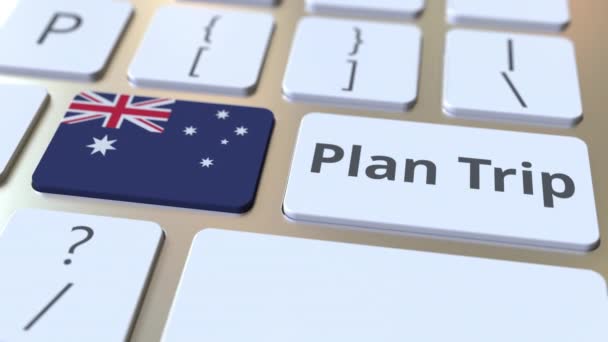 PLAN TRIP text and flag of Australia en el teclado del ordenador, animación 3D relacionada con los viajes — Vídeo de stock