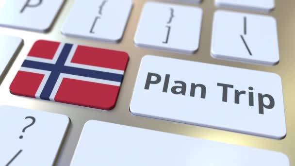Teks TRIP PLAN dan bendera Norwegia pada papan ketik komputer, perjalanan animasi 3D terkait — Stok Video