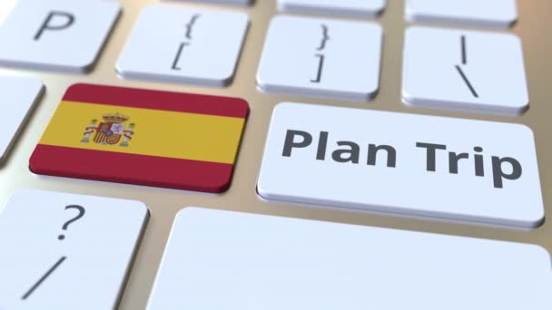 Planera Trip text och flagga av Spanien på datorns tangentbord, resor relaterade 3D-animering — Stockvideo