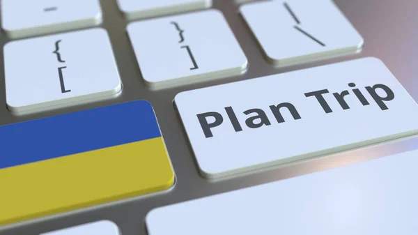 Плануйте подорож по тексту та прапорі України на клавіатурі комп'ютера, пов'язаної з подорожні 3D рендеринг — стокове фото