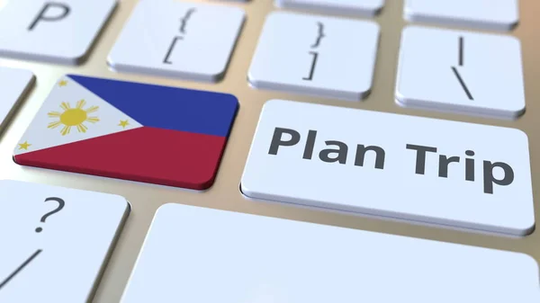 PLAN TRIP text and flag of Philippines en el teclado del ordenador, renderizado 3D relacionado con los viajes — Foto de Stock