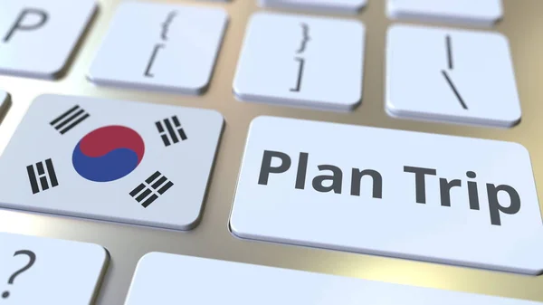 Plánovat text cesty a vlajku Jižní Koreje na počítačové klávesnici, cestování související s 3D vykreslováním — Stock fotografie