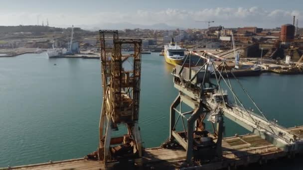 Aerial view of seaport cranes on the pier — Stock Video