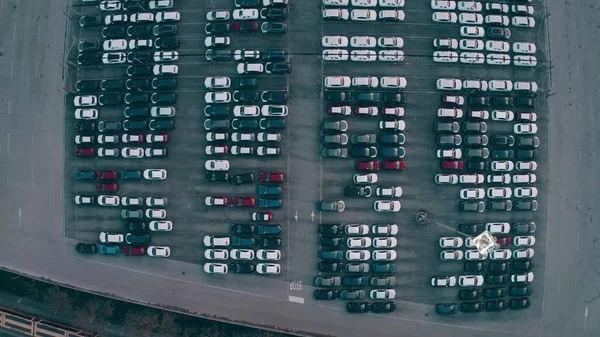 Vista aérea de arriba hacia abajo de una gran fábrica de automóviles nuevos coches de almacenamiento — Foto de Stock