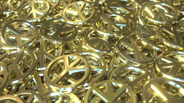 Golden peace sign tokens or badges. Conceptual 3D rendering