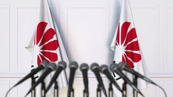 Flags with Huawei logo at press conference. Conceptual editorial 3D rendering — Stock Photo, Image