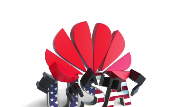 USA bijschrift Breaking Huawei bedrijfslogo. Conceptuele redactionele 3D-animatie — Stockvideo