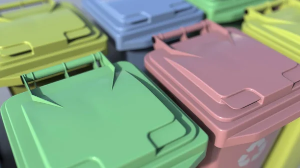 Több műanyag kukába konténerek válogatás újrahasznosított szemetet. 3D-leképezés — Stock Fotó