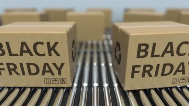 Carton boxes with BLACK FRIDAY text move on roller conveyor. Loopable 3D animation — Stock Video