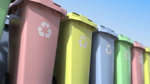 Muitas latas de lixo de plástico com rodas para classificar o lixo. Fundo movimento Loopable — Vídeo de Stock
