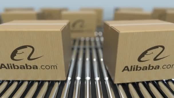 Les boîtes en carton avec logo Alibaba se déplacent sur un convoyeur à rouleaux. Animation conceptuelle en boucle éditoriale — Video