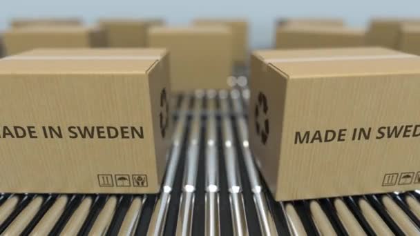 Cartons with MADE IN SWEDEN text on roller conveyor. Swedish goods related loopable 3D animation — Stock Video