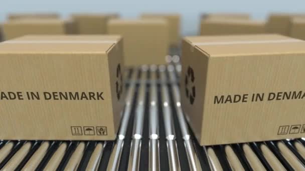 Kotak dengan MADE DI teks DENMARK pada konveyor rol. Produk Denmark terkait animasi 3D yang dapat diulang — Stok Video