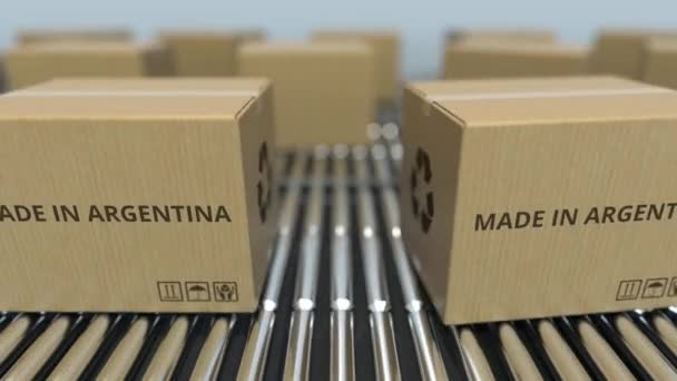 Cartons with MADE IN ARGENTINA text on roller conveyor. Argentinean goods related loopable 3D animation — Stock Video