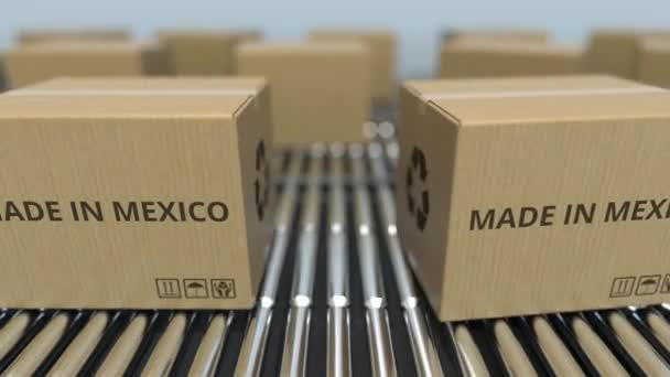 Pudełka z tekstem Made in Mexico na przenośniku rolowym. Mexican towarów związanych pętli animacji 3D — Wideo stockowe