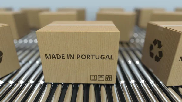 Cajas con texto MADE IN PORTUGAL sobre transportador de rodillos. Productos portugueses relacionados 3D rendering —  Fotos de Stock