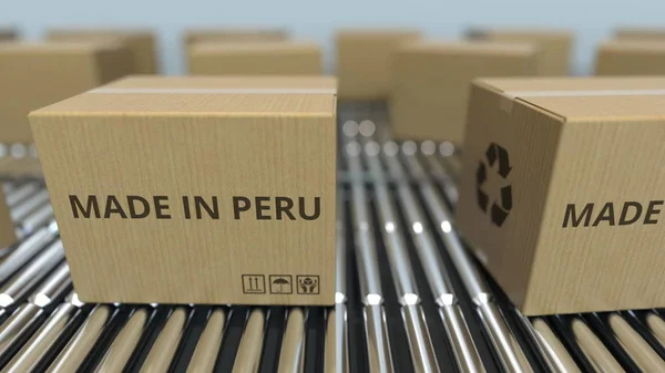 Kotak dengan MADE IN PERU teks pada konveyor rol. Barang Peru terkait dengan perenderan 3D — Stok Foto