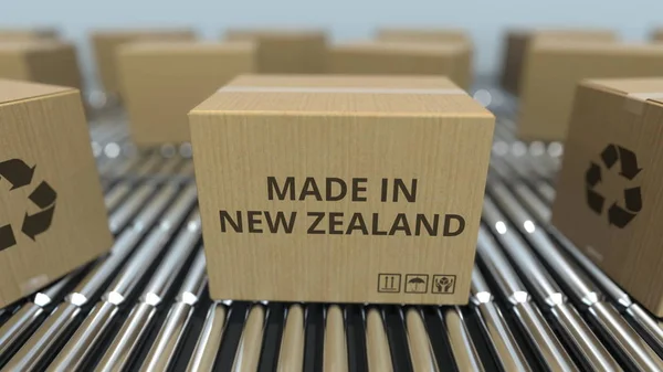 Коробки з виготовлені в Новій Зеландії текст на Роликовий конвеєр. 3D-рендерінг — стокове фото