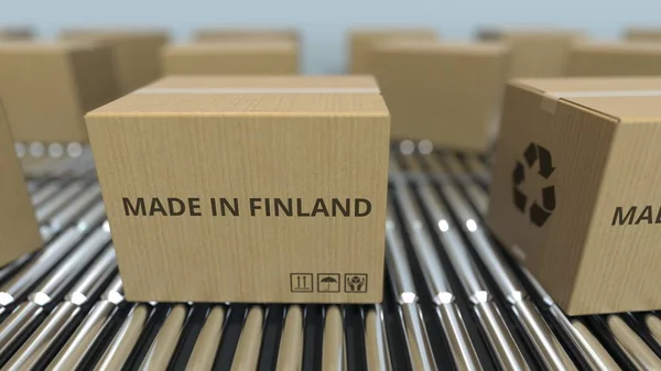 Cajas con texto MADE IN FINLAND en transportador de rodillos. Productos finlandeses relacionados 3D rendering —  Fotos de Stock