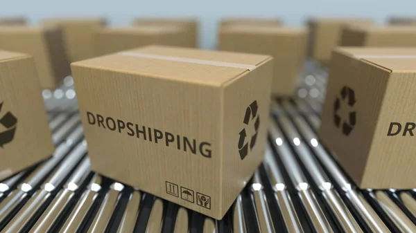 Carton boxes with DROPSHIPPING text move on roller conveyor. 3D rendering