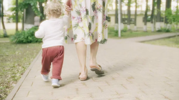 Lilla bebis flicka promenader hålla hennes mammor hand i parken på en sommardag — Stockfoto