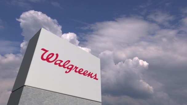 WALGREENS logo on sky background, editorial animation — Stock Video