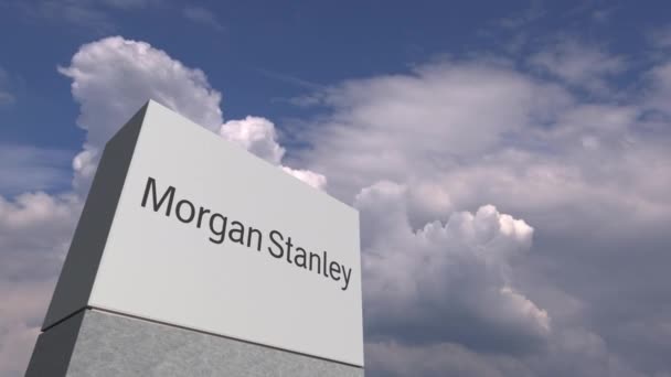 Logo von Morgan Stanley auf einem Stand gegen bewölkten Himmel, redaktionelle Animation — Stockvideo
